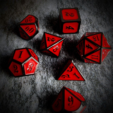 Red Enamel in Black Metal - 7pcs RPG Dice Set
